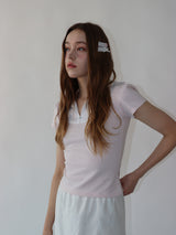 レースジップカラー半袖パフTシャツ(pink)