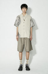 Retro cotton and linen patchwork short-sleeved shirt, summer casual loose fit blouse