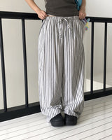 Satin Linen Stripe Wide Banding Long Pants