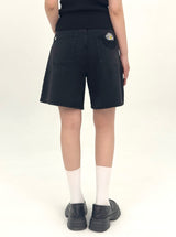  3RD REORDER HIP POCKET EMBROIDERY BLACK DENIM SHORTS LONG VERSION code 25106