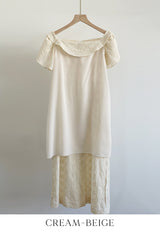 26SS★ Ruckbell Square Neck Embroidered Tulip Pintuck Long One Piece