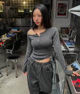 Tees リブボタンアンバランスショルダーロングスリーブ