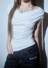 Meow Summer draping shrring Boat neck Top