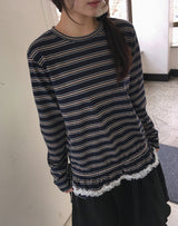 クニンフリルストライプリボン長袖Tシャツ