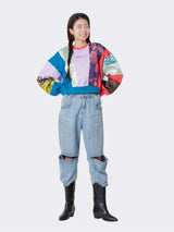 Korean Fabric Patchwork Crop Sweat Shirt