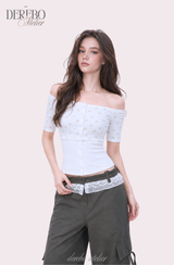 Sherbet off-shoulder button short sleeve T-shirt