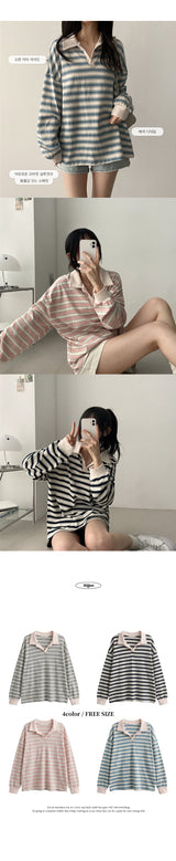 Color matching open collar stripe loose fit rugby long sleeve tee 