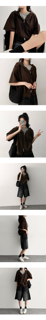 Demo two-way short-sleeved hooded zip-up
