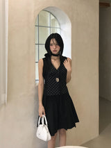 French Dot V-Neck Sleeveless Blouse