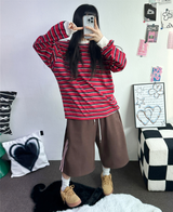 STRIPE OVER BOXY BOYFRIEND LONG SLEEVE T SHIRT ❤💚🩵🧸4COLOR