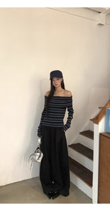 Stripe Slim Off-Shoulder Long-Sleeved Knit T-Shirt