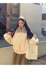 cream soft fur zip-up collar jacket