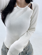 (UNIQUE + HIP / DELICATE 🤍🩶 / YEAR-END LOOK / CASUAL) BACK POINT + THREE-HOLE LIP U-NECK SLIT TOP