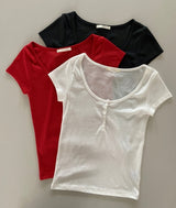 Somi Round Neck / U-Neck Button Cap Sleeve Short Sleeve T-Shirt (3 Colors)