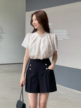Ringo Pintuck Back Ribbon Short Sleeve Blouse