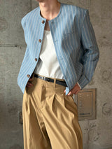 Pin stripe collarless crop jacket(2color)