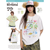 BETWEENAND サマーツートーンルーズフィットクルーネックプリントTシャツ