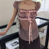 Chash jacquard satin see-through shirring ribbon cap sleeve blouse
