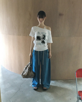 ブラックキャットワンショルダー半袖ティー（ワンショルダーティー/夏半袖/プリントティー/Tシャツ）