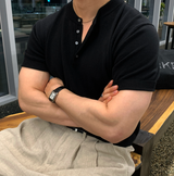 スラブリネン ヘンリーネック 半袖ニット
