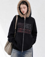 (UNISEX) USA Flag Fur Hood Zip-up