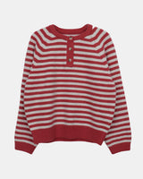 Hira Round Henley-Neck Buttoned Stripe Knit