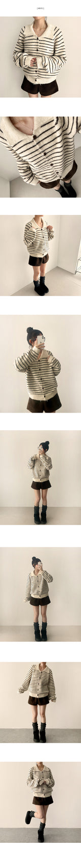 Metal logo big collar stripe knit cardigan