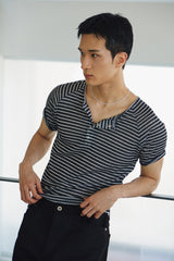 シアーストライプリベッドヘンリーハーフスリーブ((Black)