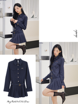 Navy Pleats Gold Shirt Wedding Guest Dress