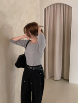 Boat Neck Three Quarter Sleeve T-Shirt (4color)