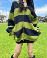 (HIGH-QUALITY!/UNISEX) ビッグフードルーズフィットストライプニットジップアップ - 2 COLOR