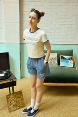 Campus Lover Cream Crop Short-Sleeved Ringer T-Shirt [For Women]