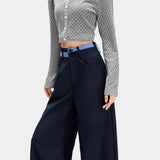 Navy Check Asymmetric Waist Wide-Leg Trousers