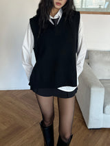 Deli V-neck overfit side slit knit vest (2 colors)