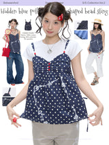 BETWEENAND「Lake Shore Letters」 Summer navy blue polka-dot heart-shaped beaded tank top that can be worn over other shirts