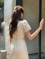 26SS★ Ruckbell Square Neck Embroidered Tulip Pintuck Long One Piece