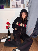 Bouclé Argyle Knit Zip-up Hoodie_Black
