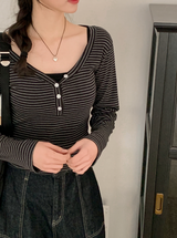 Border Unbalance Button Slim T-shirt (2color)