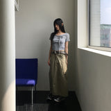 Chano リボンストラップラウンドシャーリングクロップド半袖Tシャツ