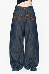 LEOPARD APPLIQUE WIDE PANTS BLUE