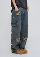 stopper damage cargo wide denim pants