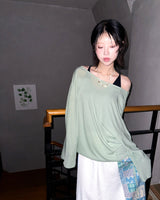 (3color) Ribbon Deep Slit Loose Fit Summer Long Sleeve Tee
