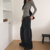 [S-XL] Nian incision washed wide denim pants