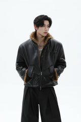 Faux Leather Fur Collar Puffer
