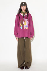 Long-sleeved funny and quirky print sheep-leg sleeve round neck contrast color T-shirt hoodie