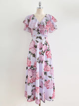 Valia V-neck Flower Span Slit One Piece