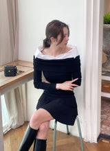 ベラシャツ カラーマッチング レイヤード オフショルダーTシャツ
