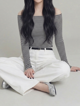 ミッキー ストライプオフショルダーTシャツ