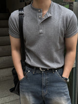 Front cut line henry-neck short sleeve t-shirt