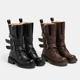 Vintage-Style Genuine Lambskin Mid-Calf Biker Boots with Belt Detail